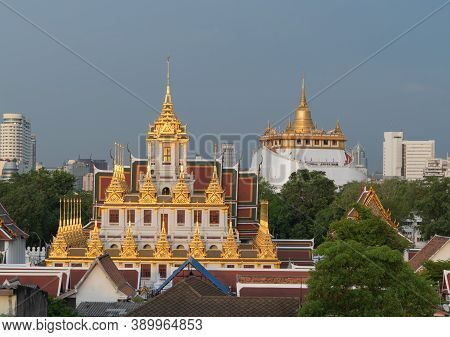 Loha Prasat Wat Ratchanatda And Golden Mountain Pagoda, A Buddhist Temple Or Wat Saket With Skyscrap