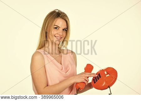 Old Fashioned Secretary. Happy Girl Talking Retro Phone. Outdated Gadgets. Call Business Office. Ado