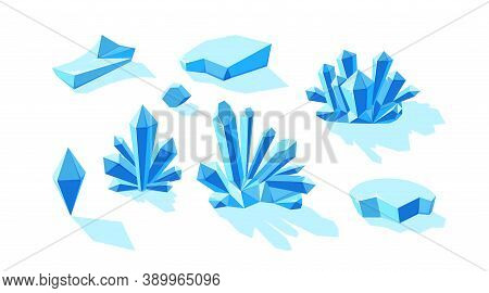 Ice Crystals And Icebergs Isolated In White Background. Set Of Druses And Separate Crystals Made Of 