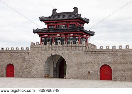 Tierp, Sweden - June 24, 2019: Dragon Gate Main Entrance, Traditional Chinese Building