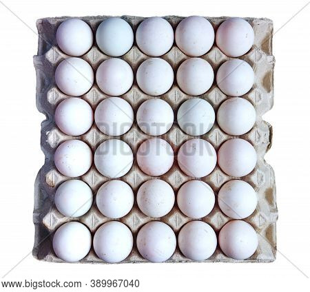 Fresh Duck Eggs Collected From The Farm Are Placed In A Container Of 30 Eggs On A Separate White Bac