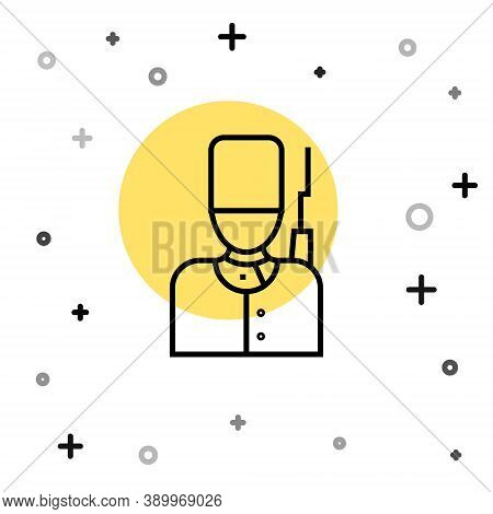 Black Line British Guardsman With Bearskin Hat Marching Icon Isolated On White Background. Random Dy