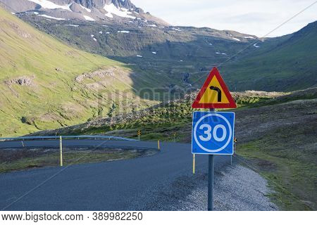 The Road Through Mountain Pass Of Vatnsskard In East Iceland