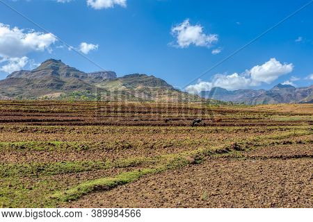 Beautiful Highland Landscape In Tigray Region On The Road To Near City Mekele. Countryside With Fiel