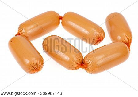 Meat Sausages In Polyamide Casing Isolated On White Background.
