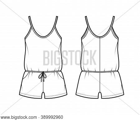 Teddy Romper Bodysuit Technical Fashion Illustration With Scoop Neck, Shirred Shorts. Flat One-piece