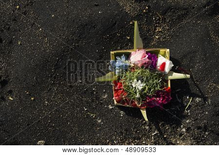Hindu Offering On Volcanic Sand.