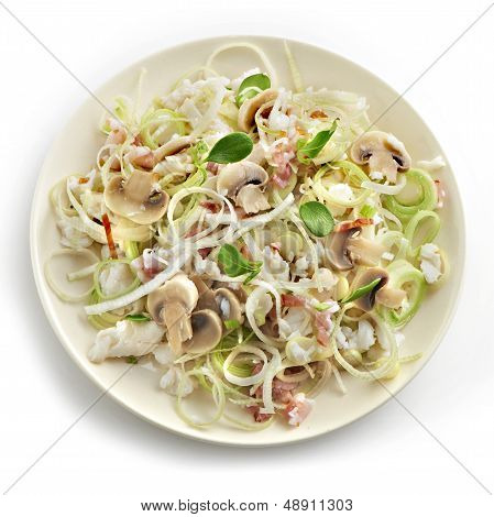 delicious salad with mushrooms leek and dover sole