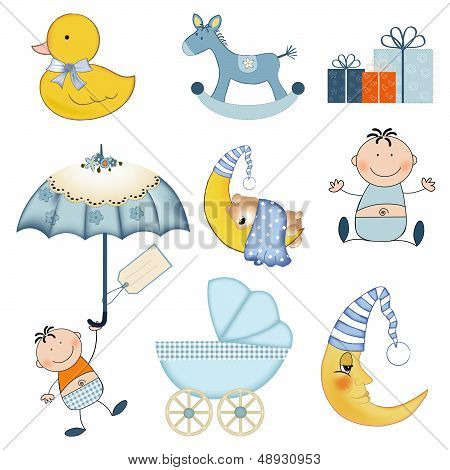 New Baby Boy Items Set Isolated On White Background