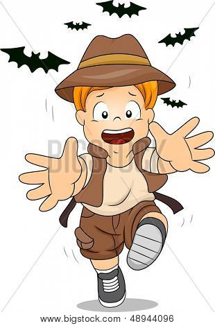 Ilustrace Kid chlapce utíkat netopýrů