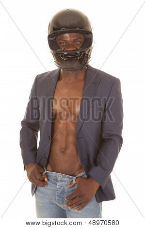 Man In Suitcoat No Shirt And Helmet