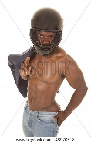Man No Shirt Hold Suitcoat Wear Helmet