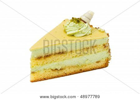 Slice of pistachio sponge cake