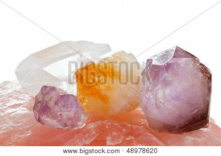 Purple yellow and clear healing quartz crystals