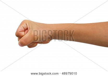 Young boys arm extended into a fist.