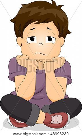 그의 턱을 그의 손에 쉬고 심심된 소년의 그림