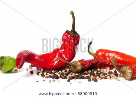 Various Of Hot Peppers On White Background
