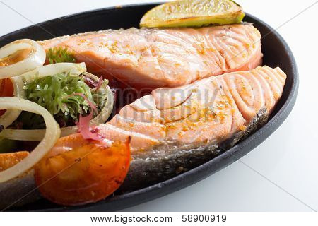 Raw Salmon Fillet With Vegetables On White Background