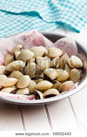 raw clams in metallic bowl on white wooden table