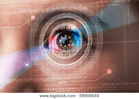 Modern cyber woman with technolgy eye looking