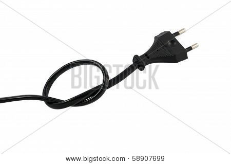 Power cable with plug knotted on white background
