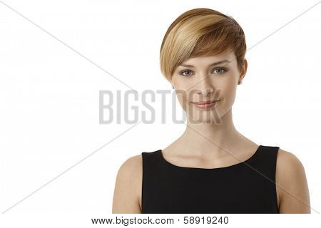 Attractive young woman in black dress, isolated on white
