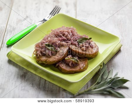 seitan with onions and sage,  selective focus
