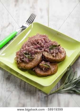seitan with onions and sage,  selective focus