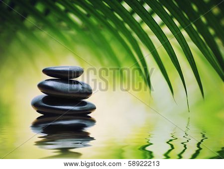 Grean bamboo leaves over zen stones pyramid reflecting in water surface 