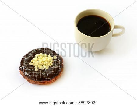Chocolate Donut With Cup Of Coffee