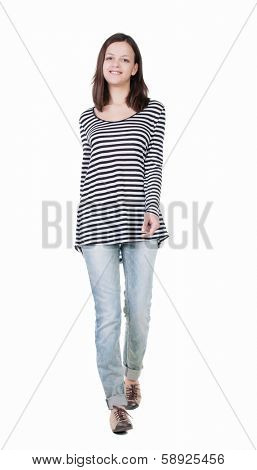 back view of walking  woman in frock. beautiful brunette girl in motion.  backside view of person.  Rear view people collection. Isolated over white background.