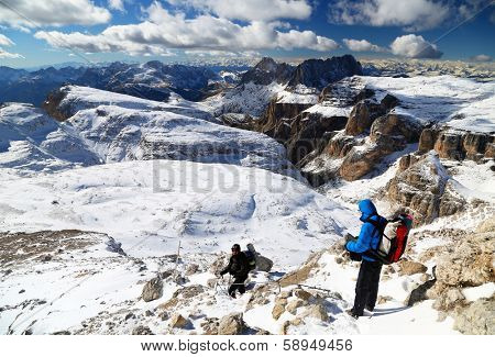 Winter trekking in the Dolomites, Sella Group, Italy, Europe