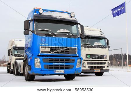 Volvo Trucks On A Yard In Winter