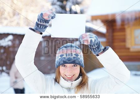 Young Beautiful Woman With Blank Banner. Winter.