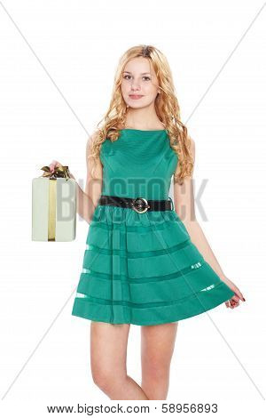 Beautiful Blonde Young Woman With Gift Box.
