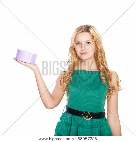 Beautiful Blonde Young Woman With Gift Box.