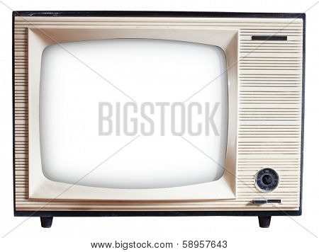 Old Russian black and white TV set isolated on white with clipping paths