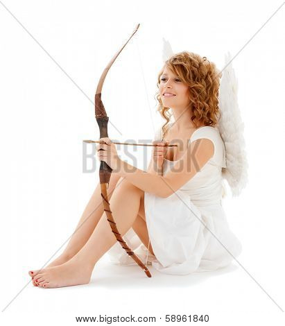 holidays, valentines day and costumes concept - happy teenage cupid girl with bow and arrow