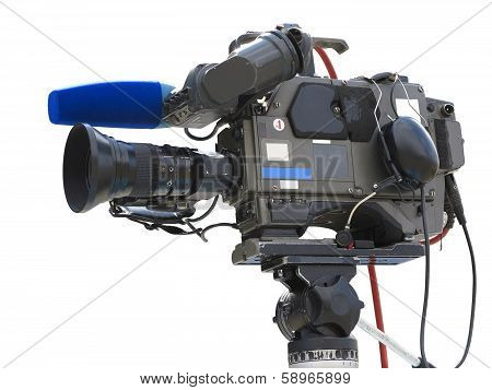 Tv Professional Studio Digital Video Camera On Tripod Isolated Over White