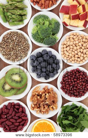 Super food health food selection in white bowls.