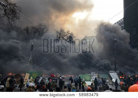 KIEV, UKRAINE - JANUARY 23, 2014: Anti-government protest in Kiev,  Grushevsky str.  People defend barricades.