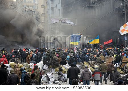 KIEV, UKRAINE - JANUARY 23, 2014: Anti-government protest in Kiev,  Grushevsky str.  People defend barricades.