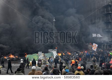 KIEV, UKRAINE - JANUARY 23, 2014: Anti-government protest in Kiev,  Grushevsky str.  People defend barricades.