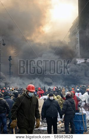 KIEV, UKRAINE - JANUARY 23, 2014: Anti-government protest in Kiev,  Grushevsky str.  People defend barricades.
