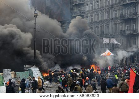 KIEV, UKRAINE - JANUARY 23, 2014: Anti-government protest in Kiev,  Grushevsky str.  People defend barricades.