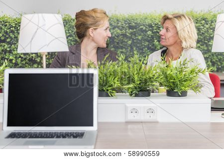Two woman are chatting together on their bright workarea with a notebook in front and green plants in the front and background