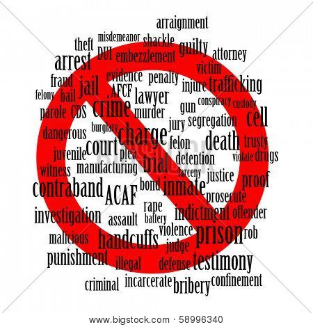 Don't do it - a conceptual word cloud of crime and jail related words with a red stop sign