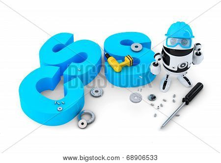 Robot With Css Sign. Technology Concept. Isolated. Contains Clipping Path