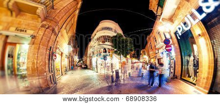 Nicosia, Cyprus - April, 16 2013: Ledra Street At Night, Major Shopping Thoroughfare In Central Nico