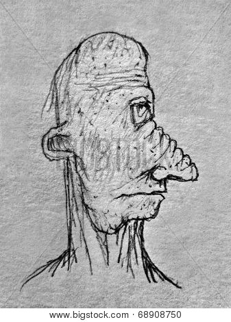 Side View Old Man Portrait Pencil Drawing Illustration